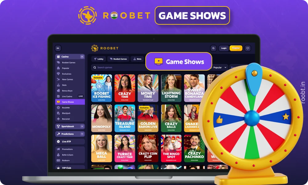 Roobet Casino offers game shows such as Crazy Time, Monopoly Live, Mega Ball, and more